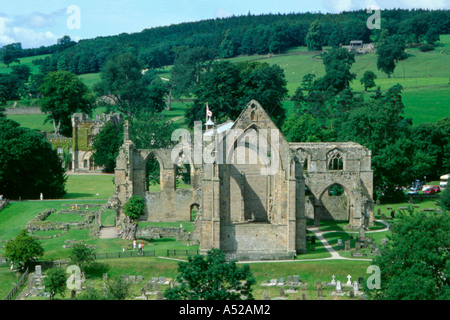 Ruins of Bolton Priory seen over River Wharfe, Wharfedale, Yorkshire Dales National Park, North Yorkshire, England, UK. Stock Photo