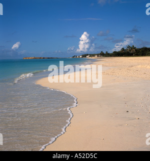 View along length of beautiful beach at Runaway Bay with clean clear sea lapping on the sand Antigua The Caribbean Stock Photo