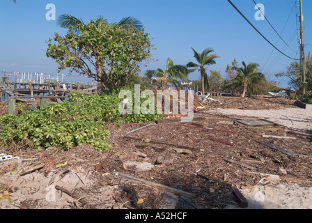 Hurricane Jeanne storm damage storm surge pushed debris into roadway Hutchinson Island Stock Photo