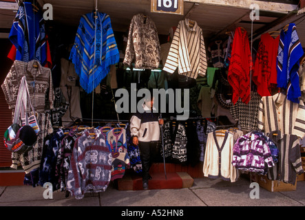 1, one, Chilean woman, adult woman, salesclerk, seller, selling, woolen clothes, souvenirs, clothing store, Puerto Montt, Chile, South America Stock Photo