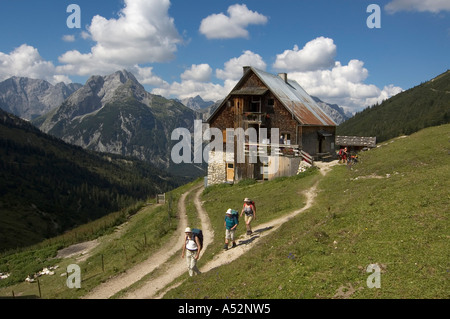 Plumsjochhuette lodge the way to the Plumsjoch in the Eng Karwendel Mountain National Park Rissbach valley Tyrol Austria Stock Photo