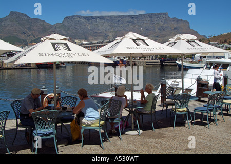 Restaurant cafe on the Waterfront Cape Town South Africa.Table Mountain backdrop. Stock Photo