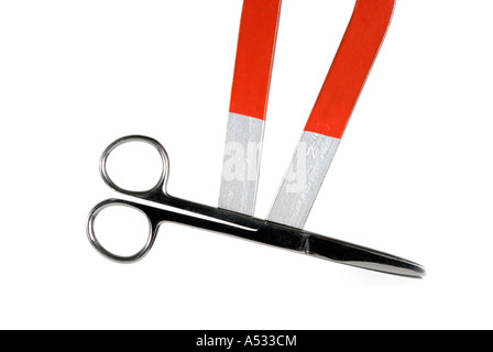 Horseshoe shaped two pole magnet with scissors attached Stock Photo