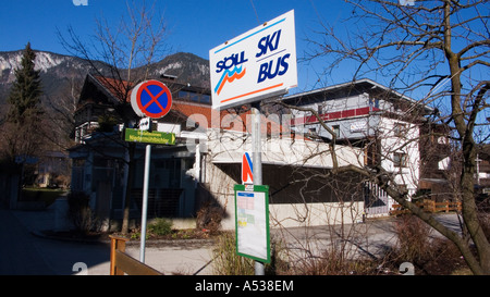 Ski bus sign in Soll, Austrian Alps Stock Photo