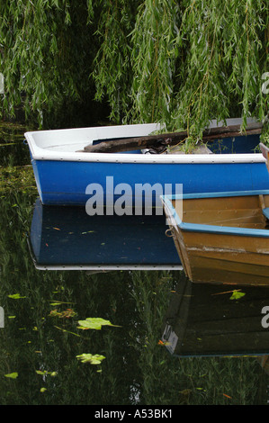 Two rowboats under a weeping willow in the water, Bavaria, Germany Stock Photo