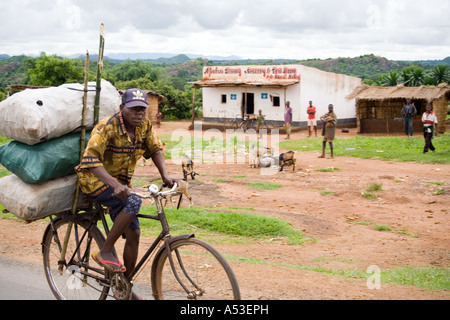 A cyclist carrying sacks of charcoal passing the village of Nathenje, on the M1 Lilongwe to Blantyre road, Malawi, Africa Stock Photo