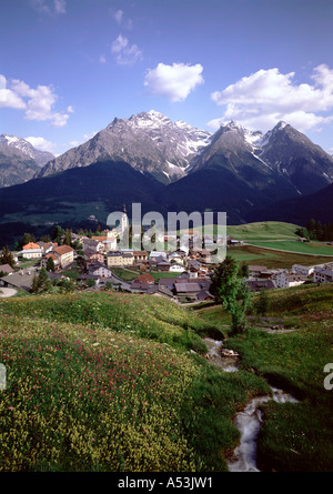 Engadin valley Swiss village Ftan near Scuol with the Pisoc mountains Stock Photo