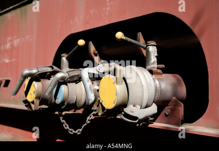 Close-up of the shut off valves and levers in chemical tanks of a tanker train , Finland Stock Photo