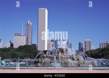 Chicago Illinois USA Buckingham Fountain and City Skyline from Grant Park Stock Photo