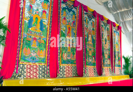 Chinese tapestry curtains in the Buddha Toothe Relic Temple in Singapore s Chinatown Stock Photo