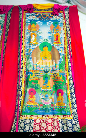 Chinese tapestry curtains in the Buddha Toothe Relic Temple in Singapore s Chinatown Stock Photo