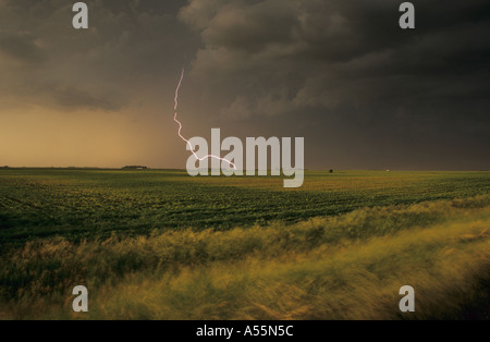 Dramatic stormy skies and a lightning strike over farmland in South Dakota, USA Stock Photo