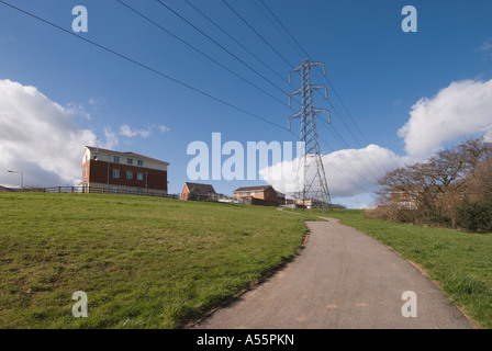 Path leading to electricity pylons and houses in the distance, Cardiff. South Wales. UK Stock Photo