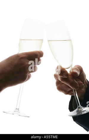 Young, middle age woman and senior man toasting champagne, side view, close-up Stock Photo
