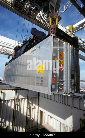 shipping container being loaded on ship at Port of Oakland California