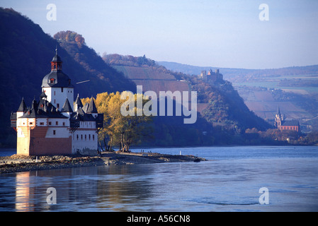 Middle Rhine Valley, Germany , in the background the romantic village OBERWESEL with the SCHOENBURG, used today as hotel, in the Stock Photo