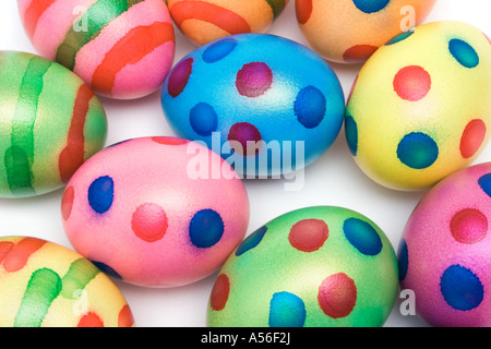 Top view on colorful Easter eggs isolated on a white background. Stock Photo