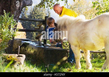 Father and son watching pony at fountain Stock Photo