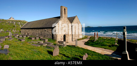 Wales Gwynedd Lleyn Peninsula Aberdaron St Hywyns church and Bardsey Sound Stock Photo