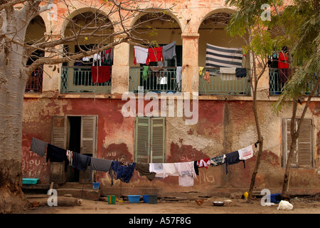 Senegal Isle de Goree washing hanging outside house in the main square Stock Photo