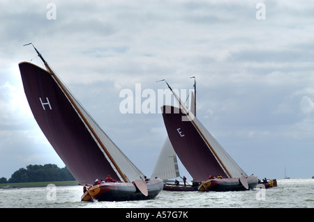 Netherlands Friesland Fryslan Skutsjesilen Race Competition 100 years old sailing Barge Stock Photo