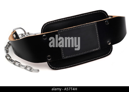 Weight lifting lifter belt velcro fit fitness exercise muscle power gym gymnasium black leather strong hrness restrict contain Stock Photo