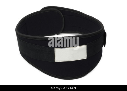 Weight lifting lifter belt velcro fit fitness exercise muscle power gym gymnasium black leather strong hrness restrict contain Stock Photo