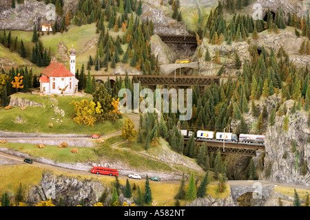Gotthard railway model, model of the church of Wassen, Museum of Transport, Lucerne, Switzerland Stock Photo