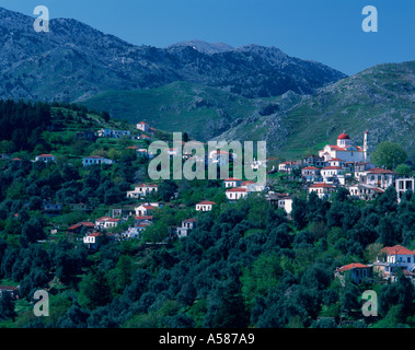 Whitewashed buildings and red tile roofs of Lakki village in hills of the White Mountains Lefka Ori western Crete Greece Stock Photo