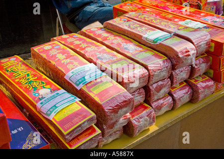 Fireworks on sale on a stall in the street in Beijing during Chinese New Year celebrations Spring Fair 2007 JMH2060 Stock Photo