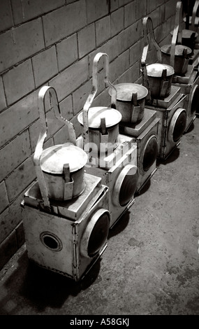 A line of oil lamps at Loughborough Station on the Great Central Railway, Leicestershire, England Stock Photo