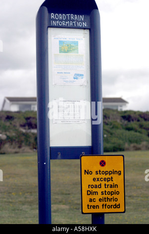 28th August 2006.  Porthcawl road train timetable at Rest Bay. Porthcawl, Glamorganshire, South Wales. No stopping except road t Stock Photo