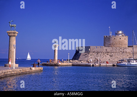 Mandraki harbor Rhodes, Greece where once the Colossus of Rhodes statue may have stood.  XPL 4860-456 Stock Photo