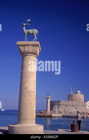 Mandraki harbour Rhodes, Greece where once the Colossus of Rhodes statue may have stood. XPL 4863-456 Stock Photo
