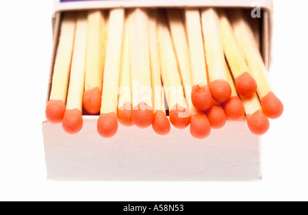 Box of wooden matches on white background Stock Photo