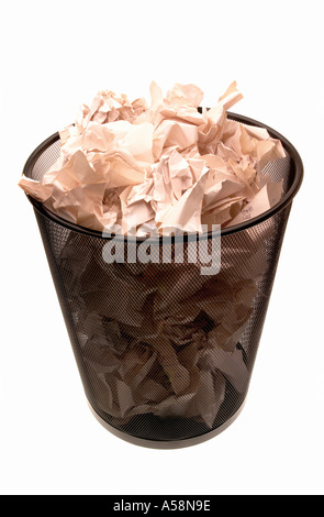 Office basket with crumpled paper isolated on white background