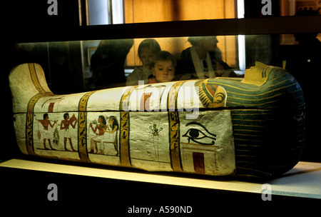 Egyptian painted wooden anthropoid sarcophagus of Lady Madja from Deir el-Medina18th Dynasty 1480 BC scenes and the Eye of Horus, on display Egypt Stock Photo