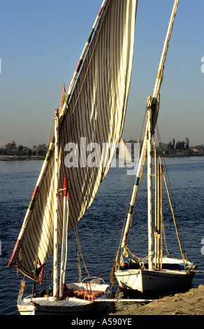 ship felucca boats on the Nile River Aswan Upper  Egypt North Africa Stock Photo