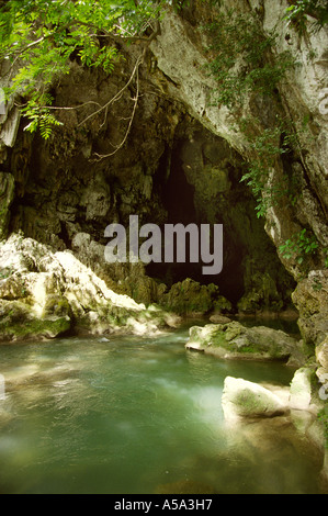 Belize Punta Gorda Blue Creek river emerging from the hill Stock Photo