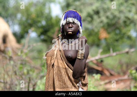 Mursi tribe girl with lip plate, Lower Omo Valle, Ethiopia Stock Photo