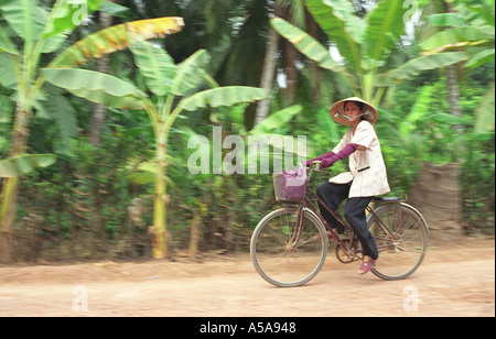 Cyclist Riding through Vietnamese Countryside Mekong Delta Stock Photo