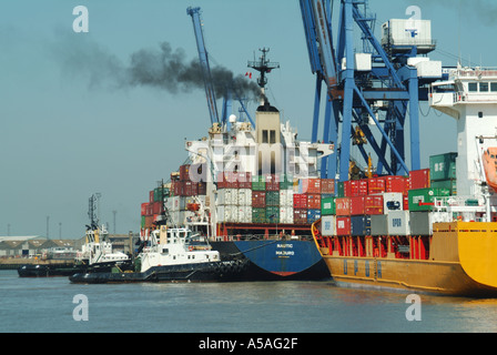 Busy tugboat at Felixstowe port  black smoke from loaded container cargo ship just arriving with tug boat pushing towards dockside cranes Suffolk UK Stock Photo