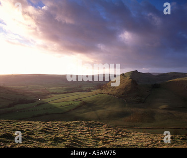 Parkhouse Hill and Chrome Hill in the upper Dove Valley seen from Earl Sterndale in the Peak District National Park, Derbyshire Stock Photo