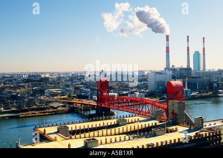 New York City Aerial of the Upper East Side, The Third Avenue Bridge spanning the East River, Ravenswood Power Plant in Long Island City, Queens NY. Stock Photo