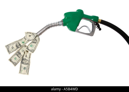 Gas nozzle with money coming out. Stock Photo
