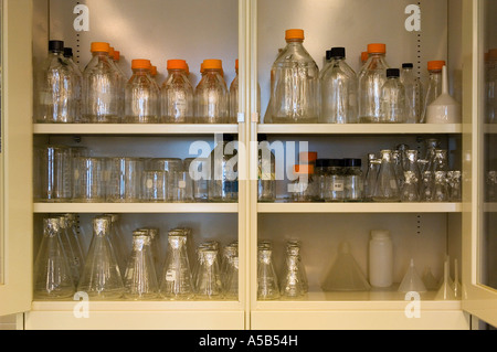 Scientific glass beakers and bottles in a cabinet. Stock Photo