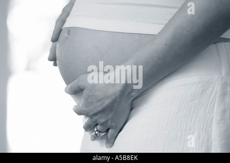 Pregnant woman holding belly. Stock Photo