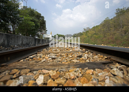 Burma Railway tracks at Thamkrasae Station Thailand Stock Photo