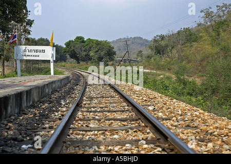 Burma Railway tracks at Thamkrasae Station Thailand Stock Photo