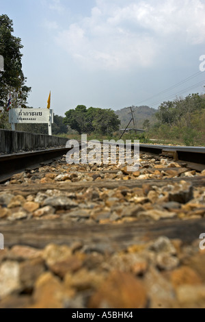 Burma Railway tracks at Thamkrasae Station Thailand Stock Photo